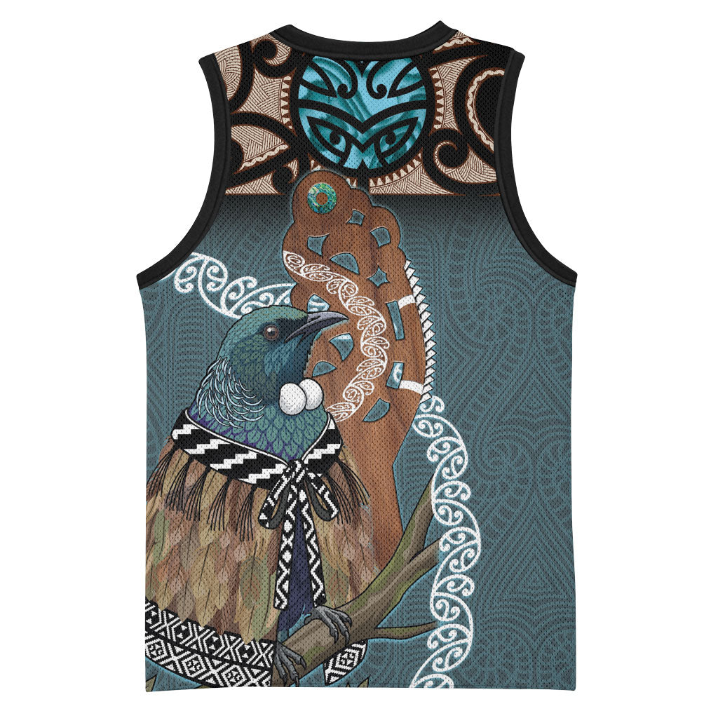 New Zealand Tui Bird Maripi Basketball Jersey Maori Weapon Kowhaiwhai Pattern LT22 - Polynesian Pride
