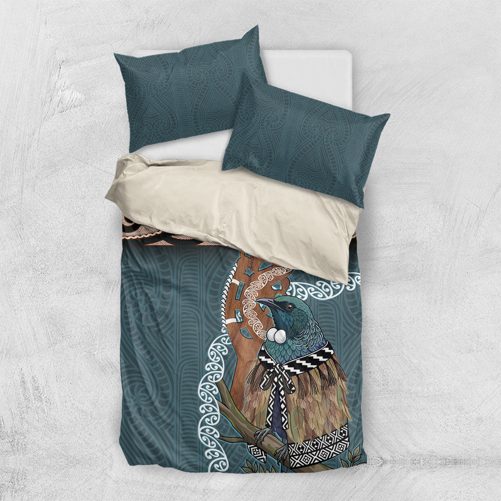New Zealand Tui Bird Maripi Bedding Set Maori Weapon Kowhaiwhai Pattern LT22 US Twin 172cm x 218cm Slate Blue - Polynesian Pride