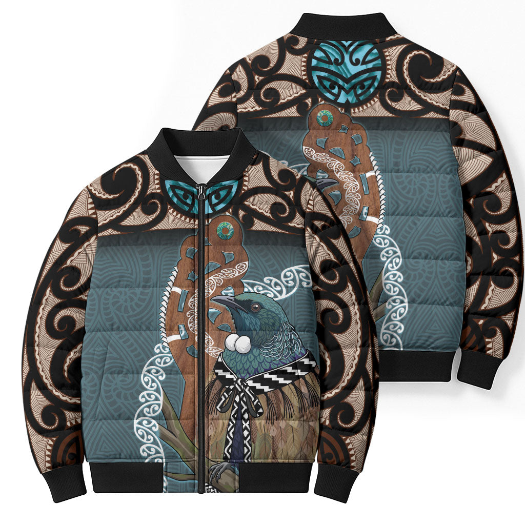 New Zealand Tui Bird Maripi Bomber Puffer Jacket Maori Weapon Kowhaiwhai Pattern LT22 - Polynesian Pride