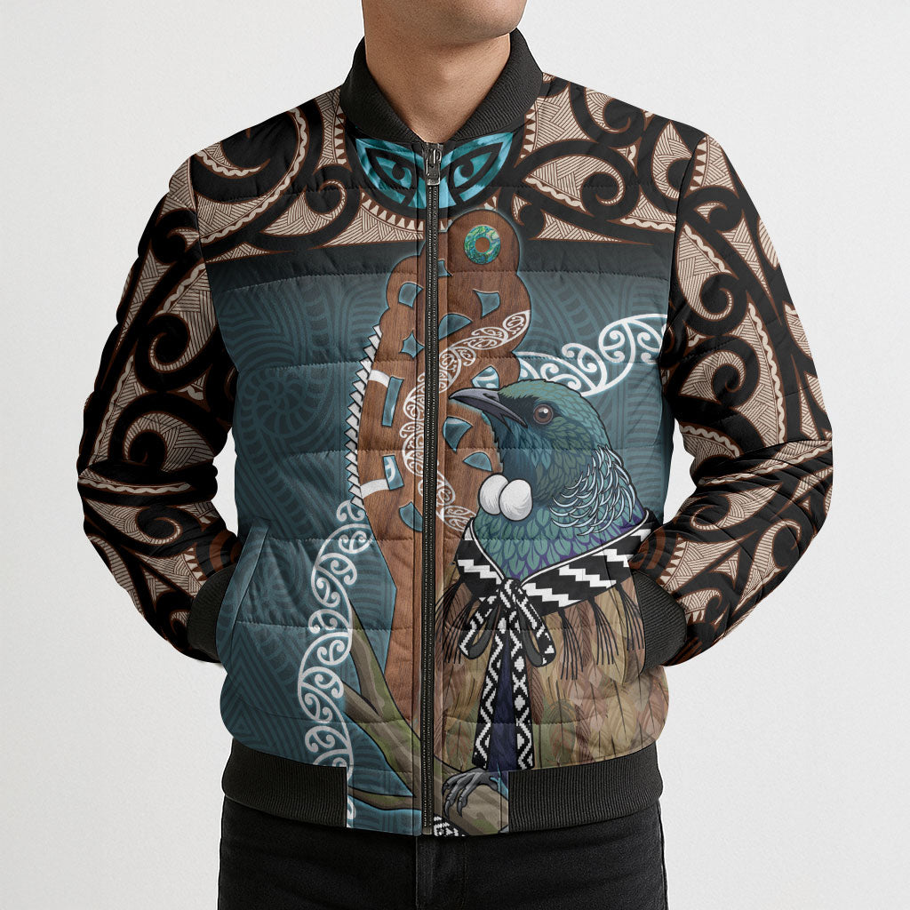 New Zealand Tui Bird Maripi Bomber Puffer Jacket Maori Weapon Kowhaiwhai Pattern LT22 - Polynesian Pride