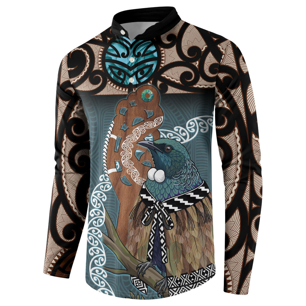 New Zealand Tui Bird Maripi Button Sweatshirt Maori Weapon Kowhaiwhai Pattern LT22 - Polynesian Pride
