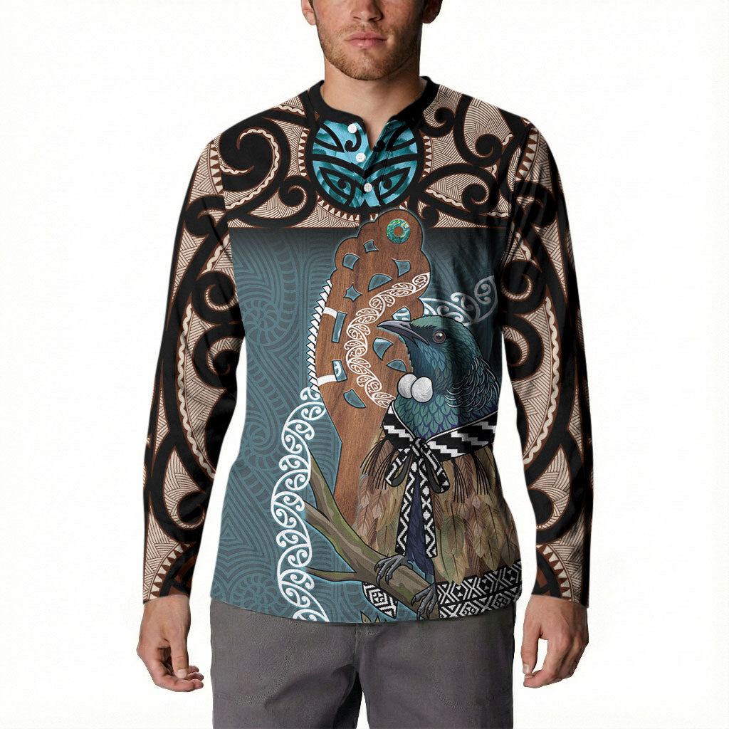New Zealand Tui Bird Maripi Button Sweatshirt Maori Weapon Kowhaiwhai Pattern LT22 - Polynesian Pride