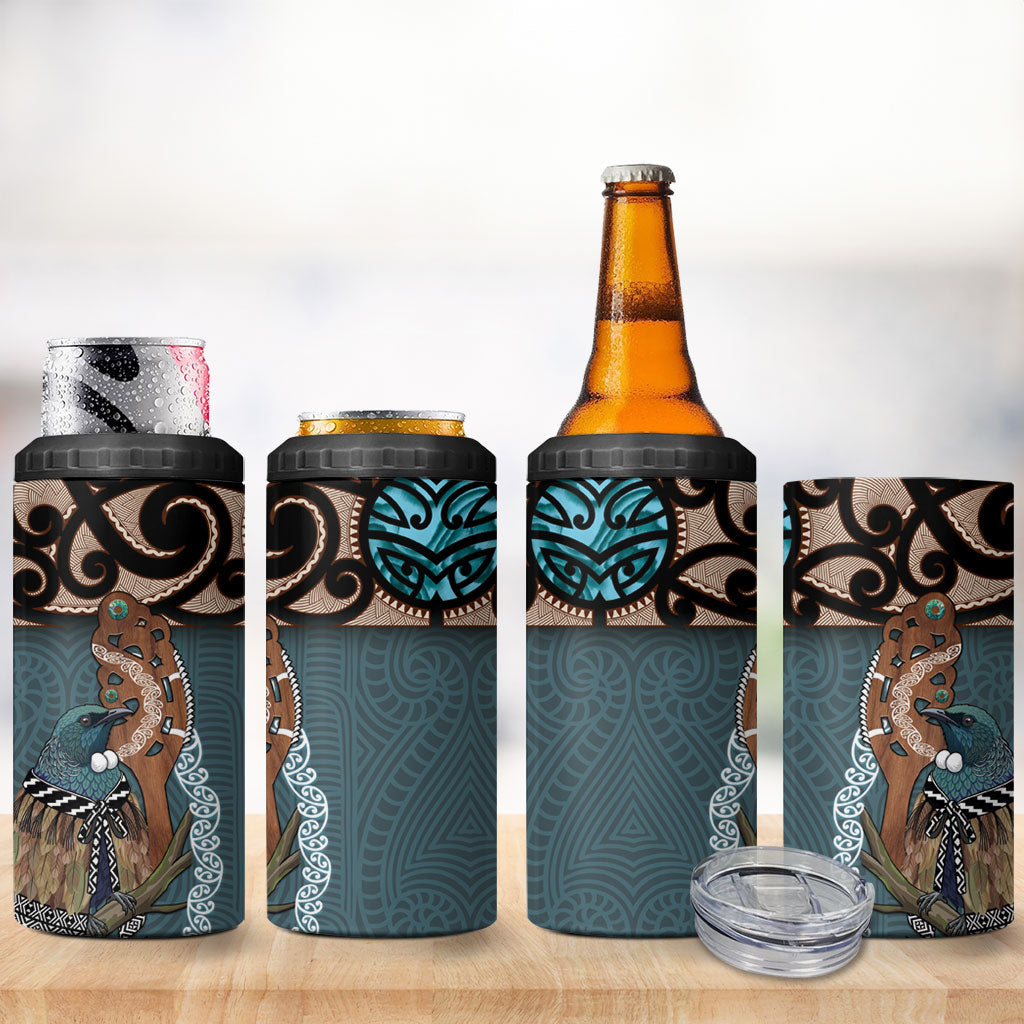 New Zealand Tui Bird Maripi 4 in 1 Can Cooler Tumbler Maori Weapon Kowhaiwhai Pattern LT22 - Polynesian Pride