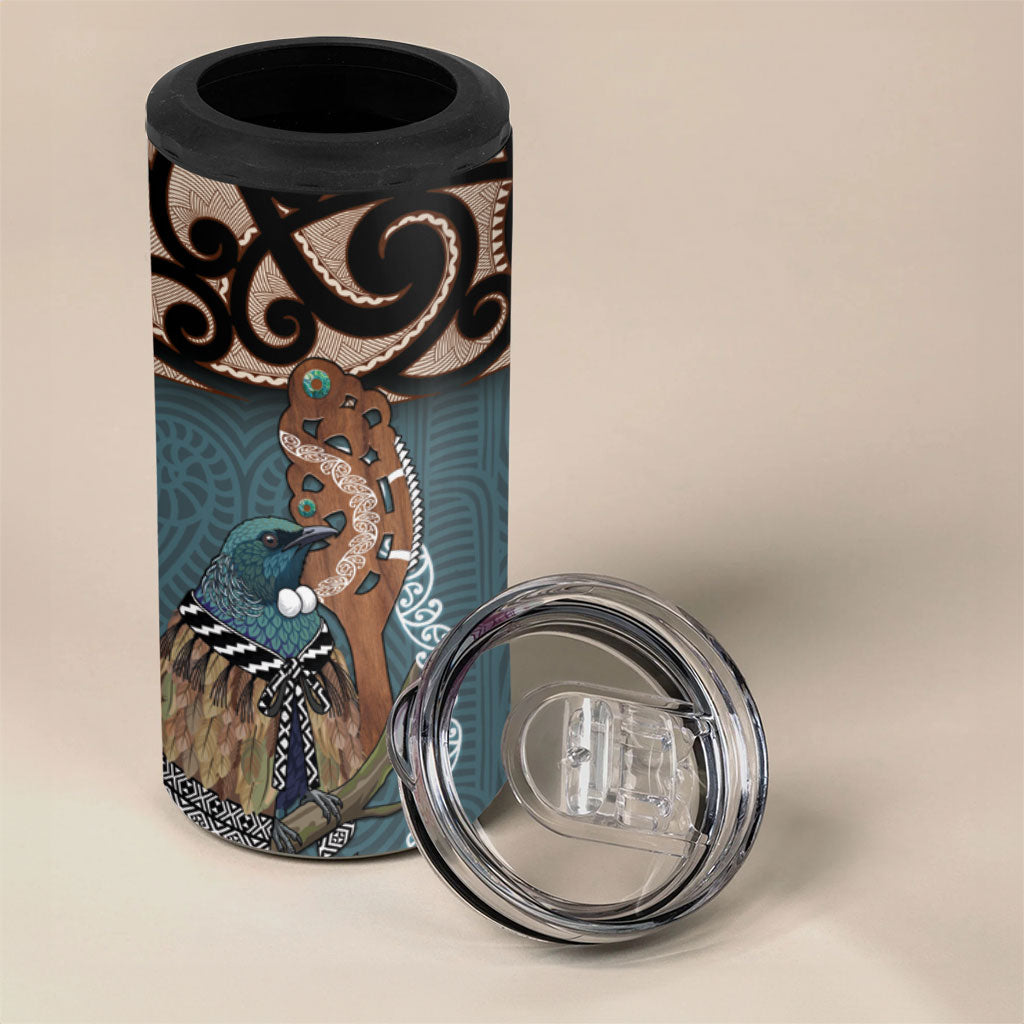 New Zealand Tui Bird Maripi 4 in 1 Can Cooler Tumbler Maori Weapon Kowhaiwhai Pattern LT22 - Polynesian Pride
