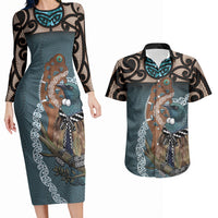 New Zealand Tui Bird Maripi Couples Matching Long Sleeve Bodycon Dress and Hawaiian Shirt Maori Weapon Kowhaiwhai Pattern LT22 Slate Blue - Polynesian Pride