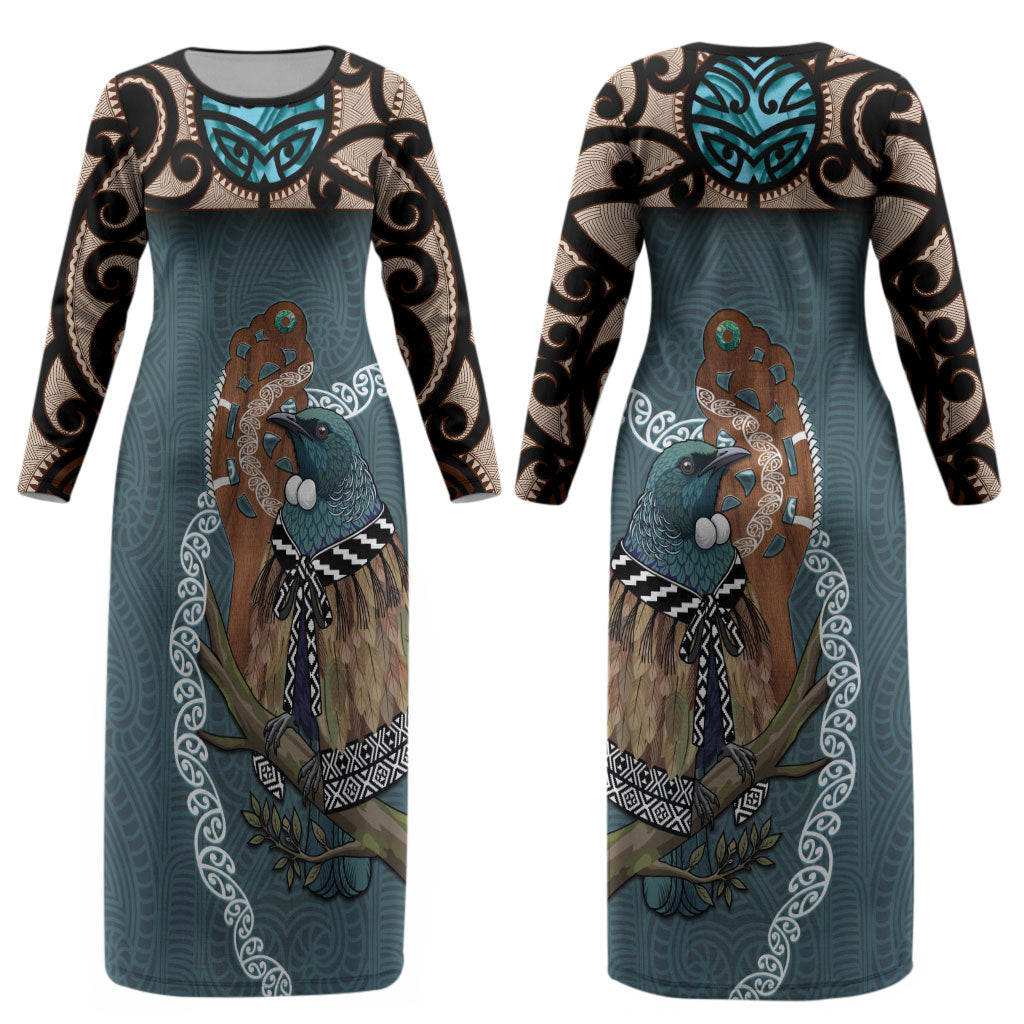 New Zealand Tui Bird Maripi Couples Matching Long Sleeve Bodycon Dress and Hawaiian Shirt Maori Weapon Kowhaiwhai Pattern LT22 - Polynesian Pride