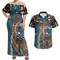 New Zealand Tui Bird Maripi Couples Matching Off Shoulder Maxi Dress and Hawaiian Shirt Maori Weapon Kowhaiwhai Pattern LT22 Slate Blue - Polynesian Pride