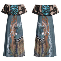 New Zealand Tui Bird Maripi Couples Matching Off Shoulder Maxi Dress and Hawaiian Shirt Maori Weapon Kowhaiwhai Pattern LT22 - Polynesian Pride