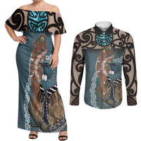 New Zealand Tui Bird Maripi Couples Matching Off Shoulder Maxi Dress and Long Sleeve Button Shirt Maori Weapon Kowhaiwhai Pattern LT22 Slate Blue - Polynesian Pride