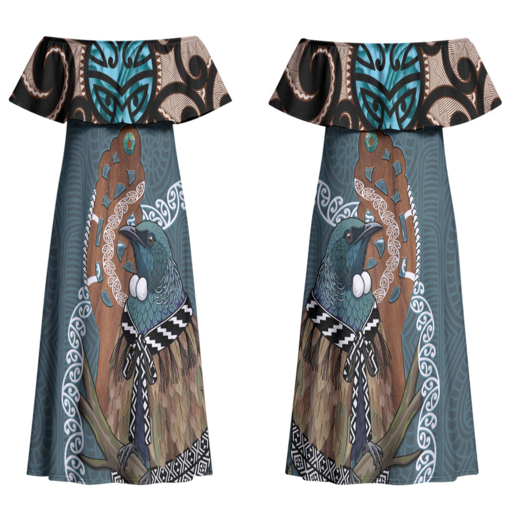 New Zealand Tui Bird Maripi Couples Matching Off Shoulder Maxi Dress and Long Sleeve Button Shirt Maori Weapon Kowhaiwhai Pattern LT22 - Polynesian Pride