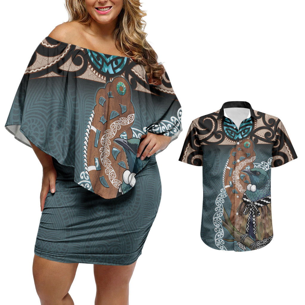 New Zealand Tui Bird Maripi Couples Matching Off Shoulder Short Dress and Hawaiian Shirt Maori Weapon Kowhaiwhai Pattern LT22 Slate Blue - Polynesian Pride
