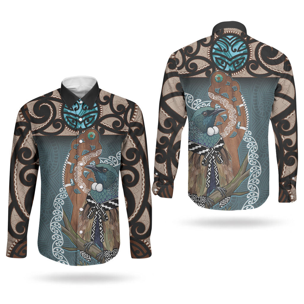 New Zealand Tui Bird Maripi Couples Matching Off Shoulder Short Dress and Long Sleeve Button Shirt Maori Weapon Kowhaiwhai Pattern LT22 - Polynesian Pride