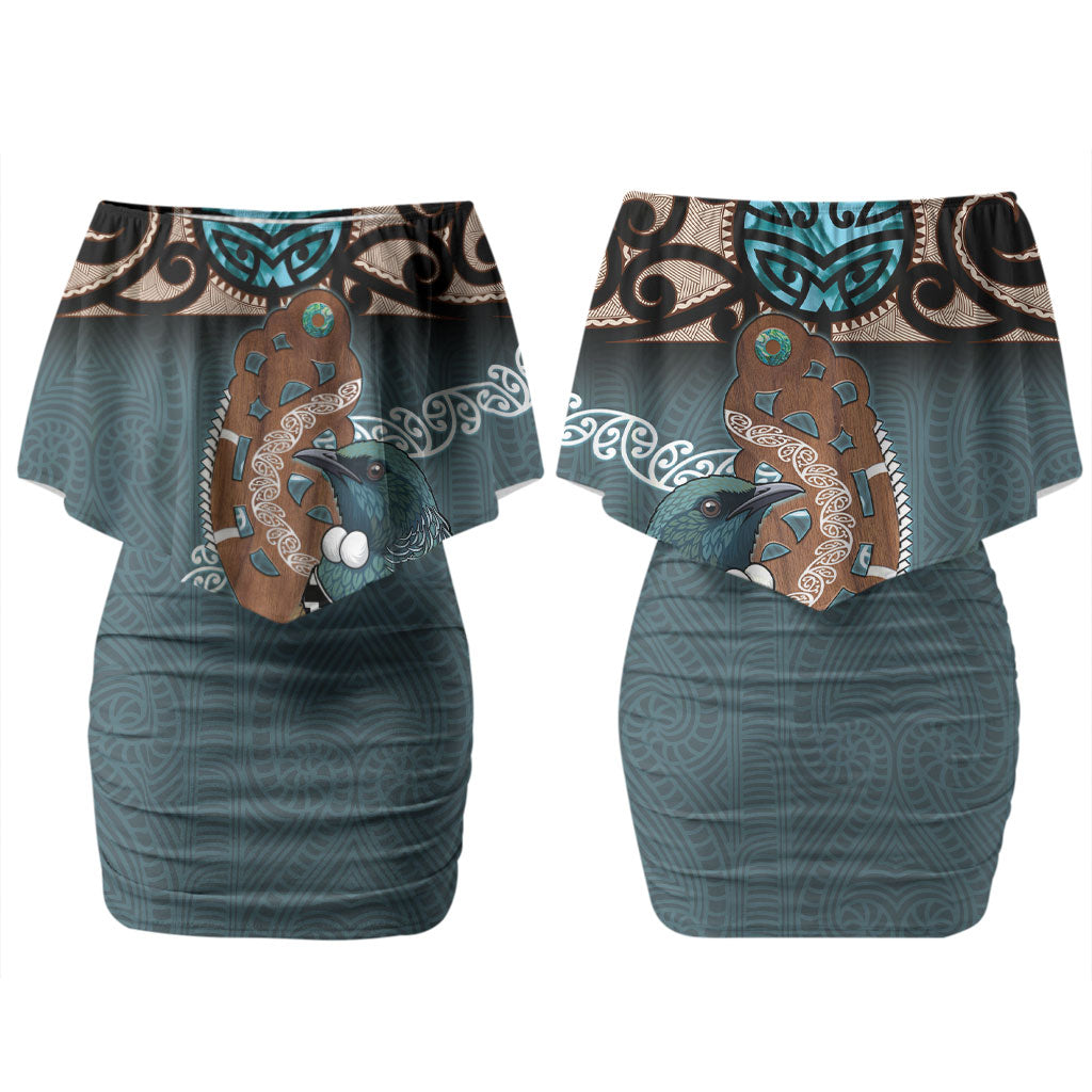 New Zealand Tui Bird Maripi Couples Matching Off Shoulder Short Dress and Long Sleeve Button Shirt Maori Weapon Kowhaiwhai Pattern LT22 - Polynesian Pride