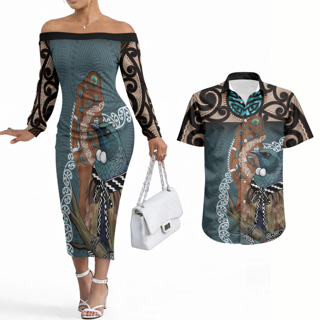 New Zealand Tui Bird Maripi Couples Matching Off The Shoulder Long Sleeve Dress and Hawaiian Shirt Maori Weapon Kowhaiwhai Pattern LT22 Slate Blue - Polynesian Pride