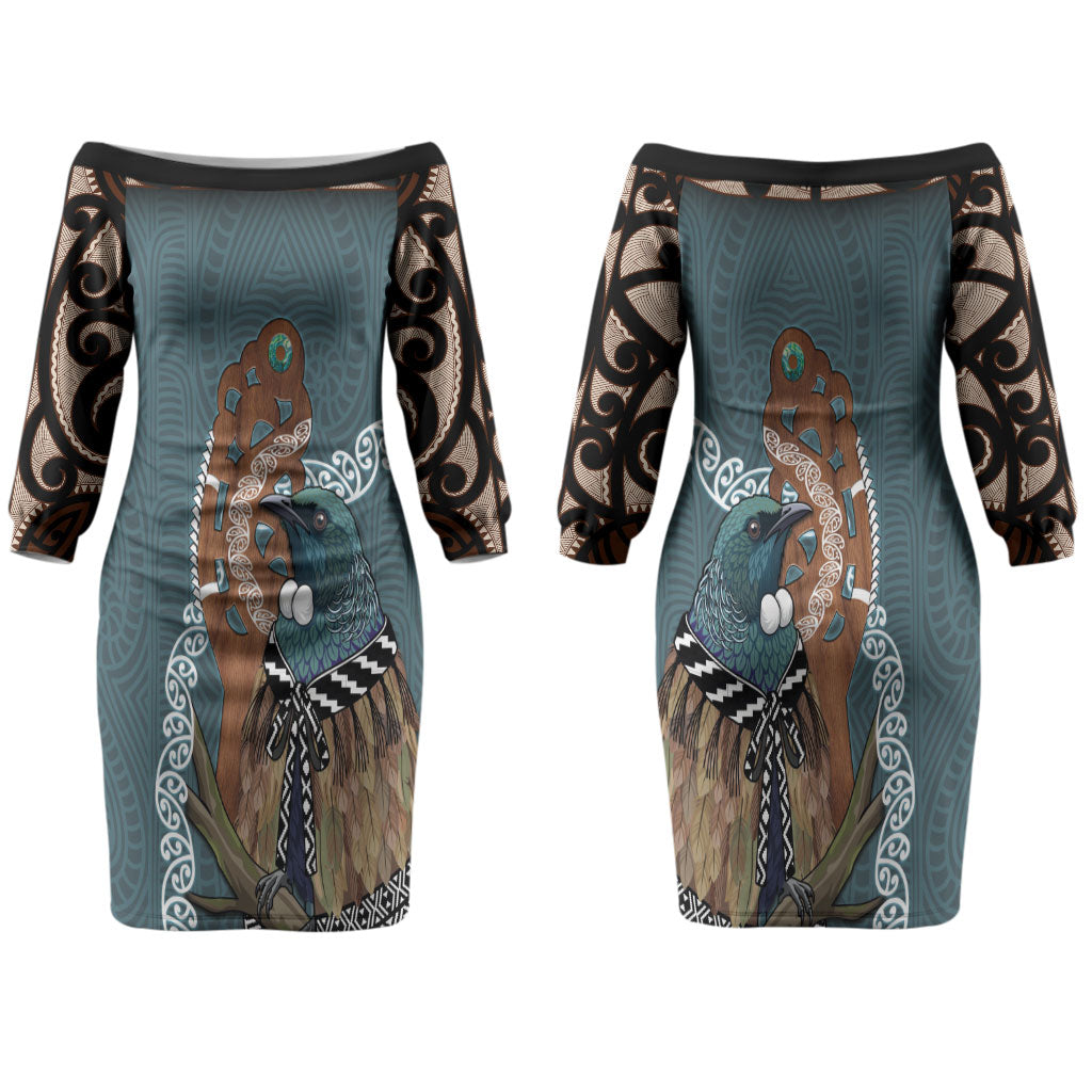 New Zealand Tui Bird Maripi Couples Matching Off The Shoulder Long Sleeve Dress and Hawaiian Shirt Maori Weapon Kowhaiwhai Pattern LT22 - Polynesian Pride