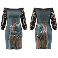 New Zealand Tui Bird Maripi Couples Matching Off The Shoulder Long Sleeve Dress and Hawaiian Shirt Maori Weapon Kowhaiwhai Pattern LT22 - Polynesian Pride