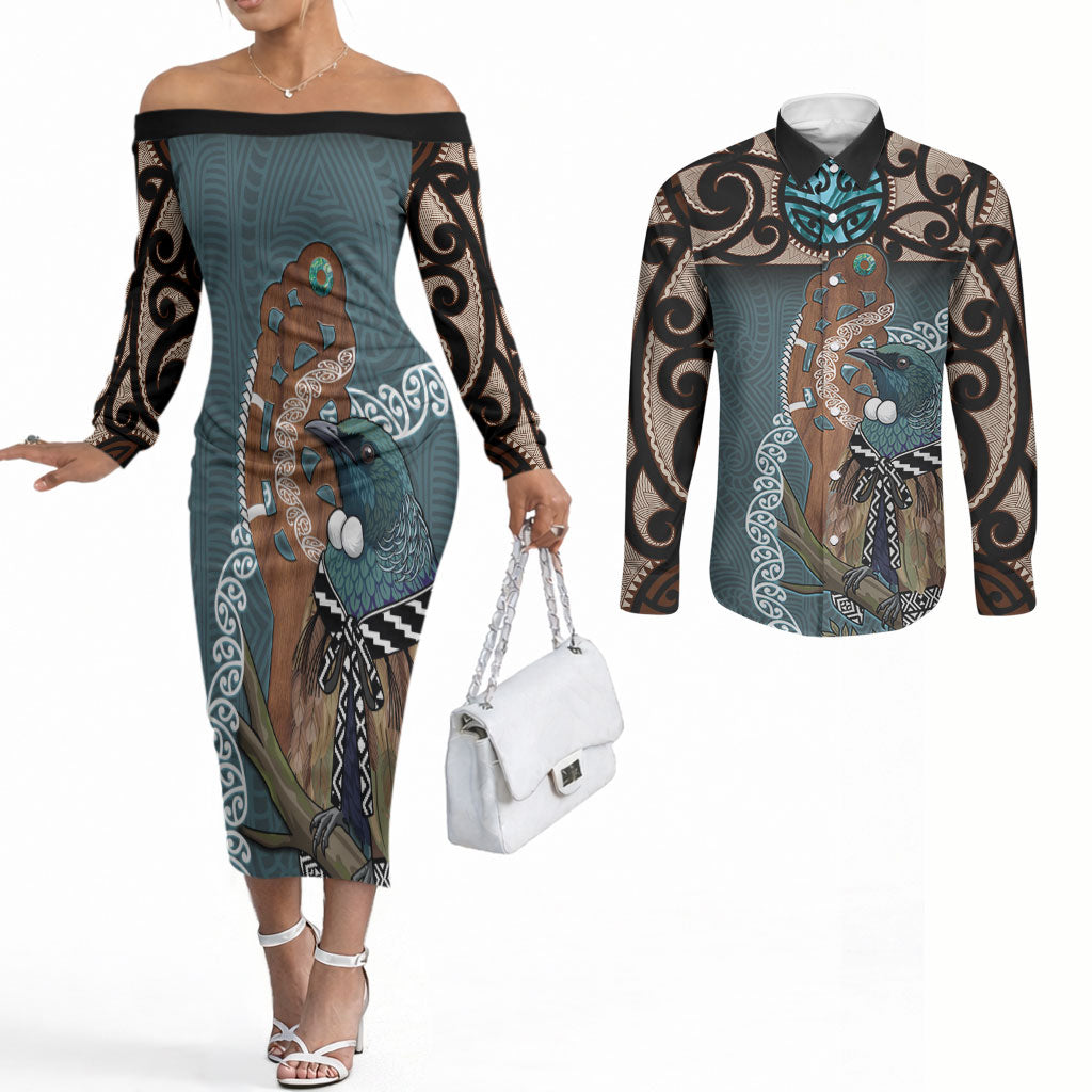 New Zealand Tui Bird Maripi Couples Matching Off The Shoulder Long Sleeve Dress and Long Sleeve Button Shirt Maori Weapon Kowhaiwhai Pattern LT22 Slate Blue - Polynesian Pride