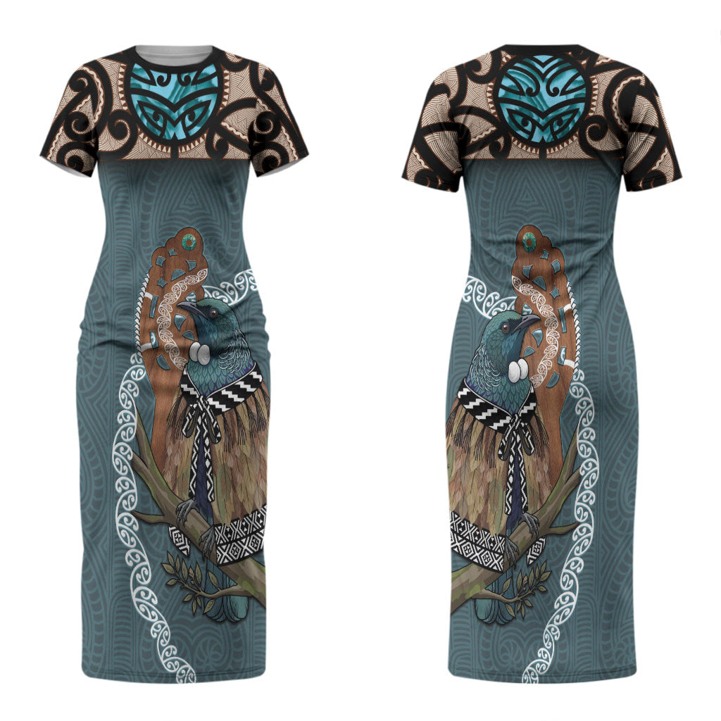 New Zealand Tui Bird Maripi Couples Matching Short Sleeve Bodycon Dress and Hawaiian Shirt Maori Weapon Kowhaiwhai Pattern LT22 - Polynesian Pride