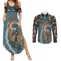 New Zealand Tui Bird Maripi Couples Matching Summer Maxi Dress and Long Sleeve Button Shirt Maori Weapon Kowhaiwhai Pattern LT22 Slate Blue - Polynesian Pride