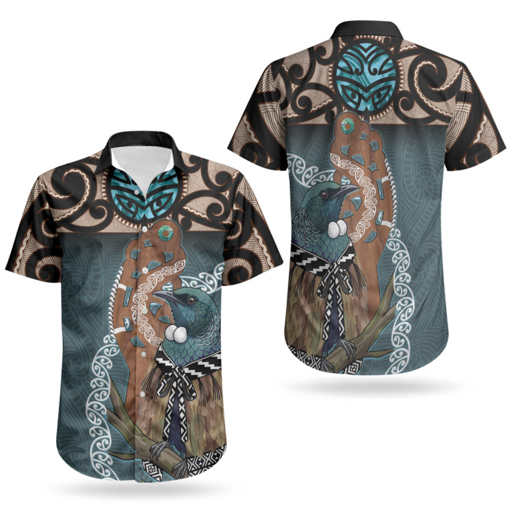 New Zealand Tui Bird Maripi Couples Matching Tank Maxi Dress and Hawaiian Shirt Maori Weapon Kowhaiwhai Pattern LT22 - Polynesian Pride