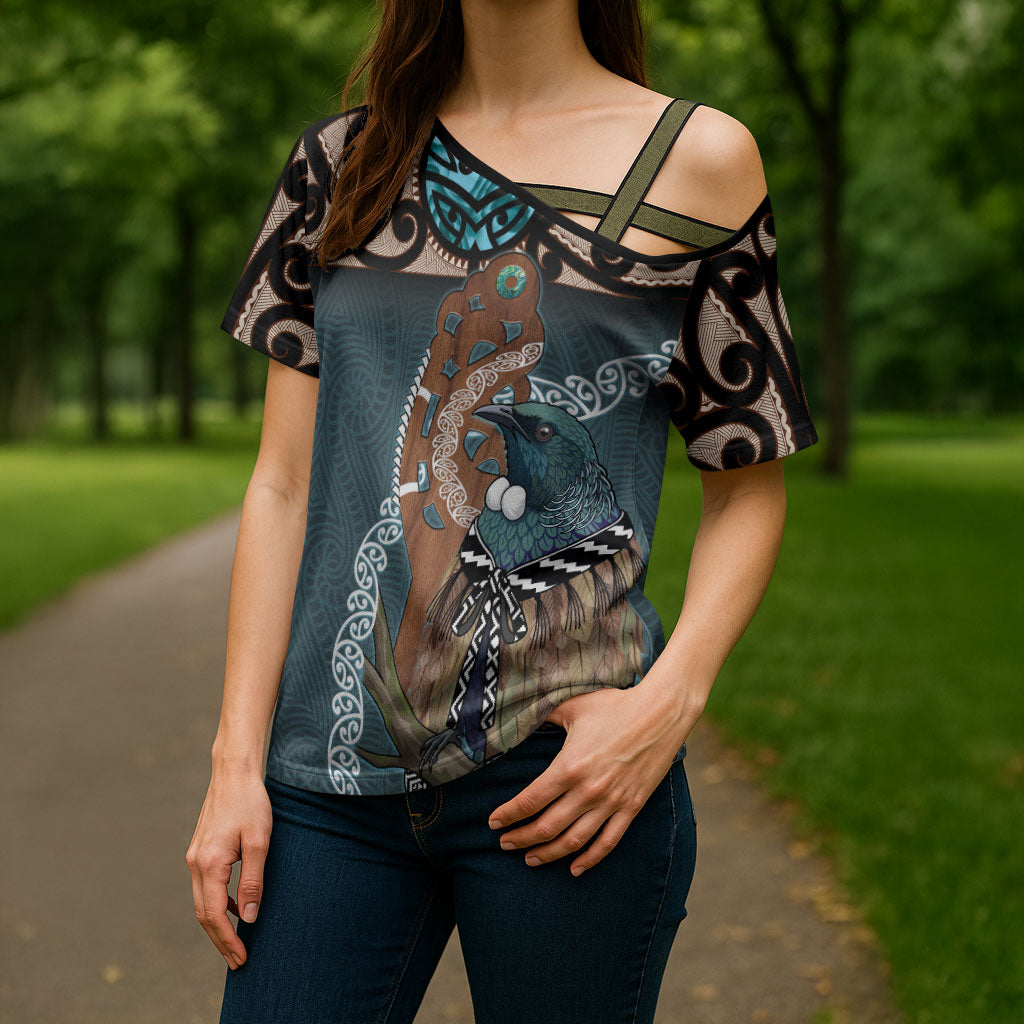 New Zealand Tui Bird Maripi Cross Shoulder Shirt Maori Weapon Kowhaiwhai Pattern LT22 - Polynesian Pride