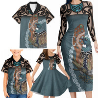 New Zealand Tui Bird Maripi Family Matching Long Sleeve Bodycon Dress and Hawaiian Shirt Maori Weapon Kowhaiwhai Pattern LT22 - Polynesian Pride