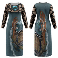 New Zealand Tui Bird Maripi Family Matching Long Sleeve Bodycon Dress and Hawaiian Shirt Maori Weapon Kowhaiwhai Pattern LT22 Mom's Dress Slate Blue - Polynesian Pride