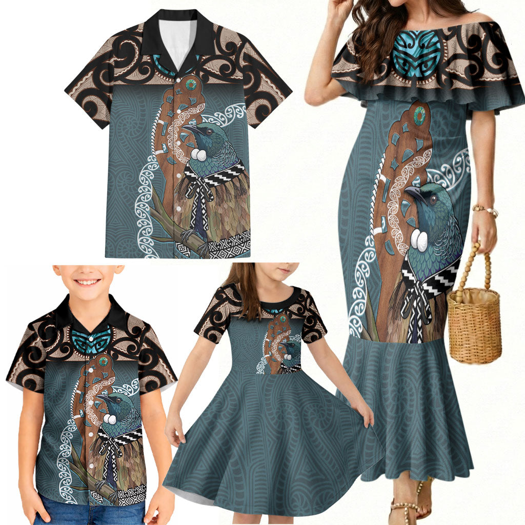 New Zealand Tui Bird Maripi Family Matching Mermaid Dress and Hawaiian Shirt Maori Weapon Kowhaiwhai Pattern LT22 - Polynesian Pride