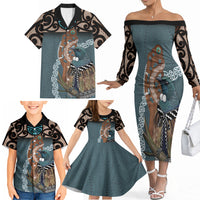 New Zealand Tui Bird Maripi Family Matching Off The Shoulder Long Sleeve Dress and Hawaiian Shirt Maori Weapon Kowhaiwhai Pattern LT22 - Polynesian Pride