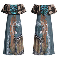 New Zealand Tui Bird Maripi Family Matching Off Shoulder Maxi Dress and Hawaiian Shirt Maori Weapon Kowhaiwhai Pattern LT22 Mom's Dress Slate Blue - Polynesian Pride