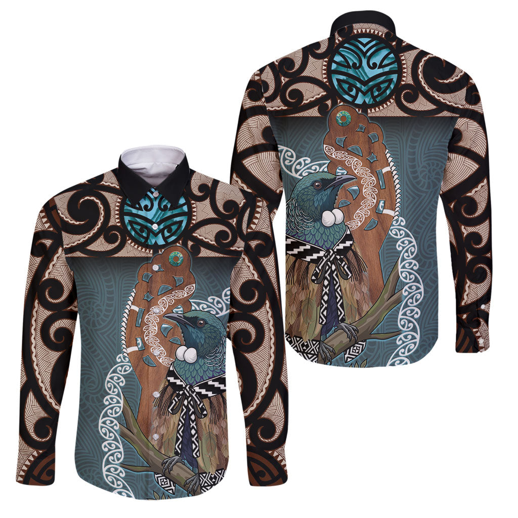 New Zealand Tui Bird Maripi Family Matching Off Shoulder Maxi Dress and Hawaiian Shirt Maori Weapon Kowhaiwhai Pattern LT22 Dad's Shirt - Long Sleeve Slate Blue - Polynesian Pride