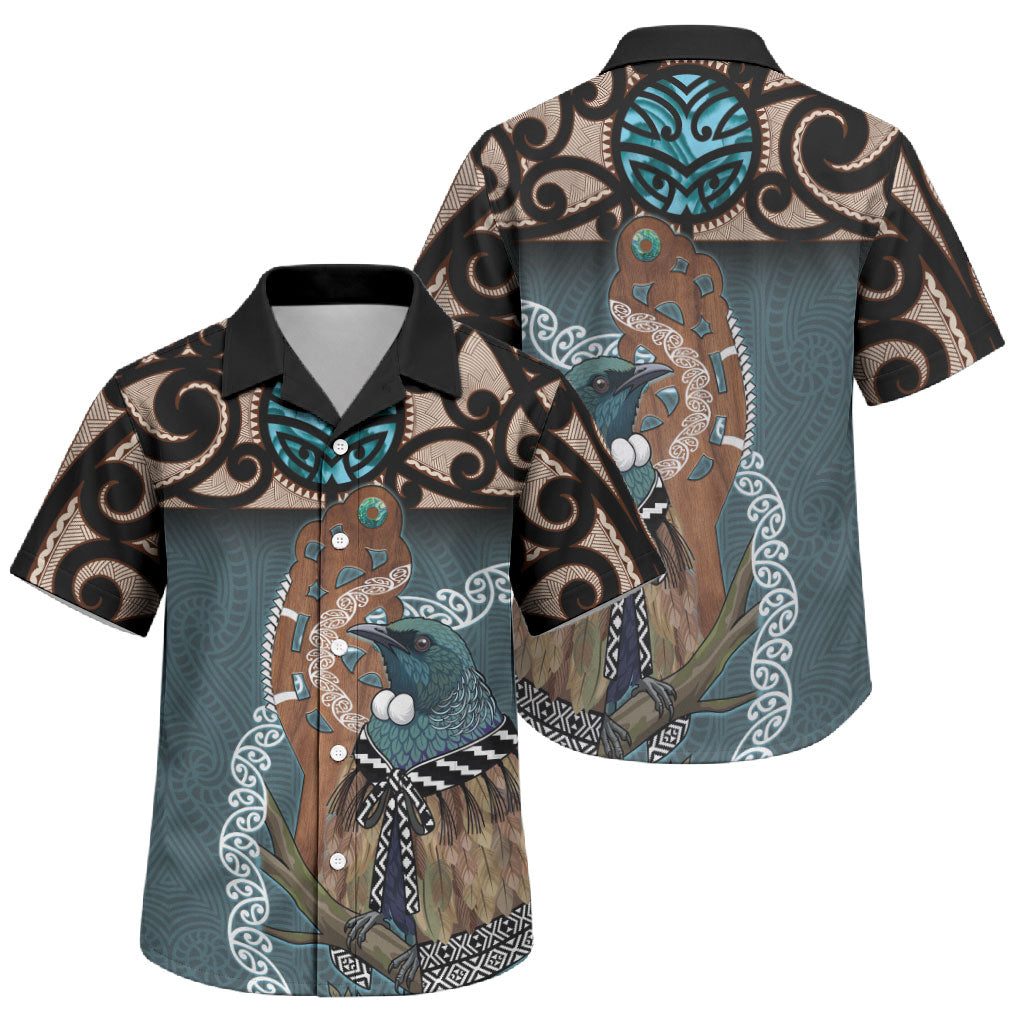 New Zealand Tui Bird Maripi Family Matching Off Shoulder Maxi Dress and Hawaiian Shirt Maori Weapon Kowhaiwhai Pattern LT22 Son's Shirt Slate Blue - Polynesian Pride