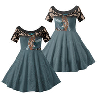 New Zealand Tui Bird Maripi Family Matching Off Shoulder Short Dress and Hawaiian Shirt Maori Weapon Kowhaiwhai Pattern LT22 Daughter's Dress Slate Blue - Polynesian Pride