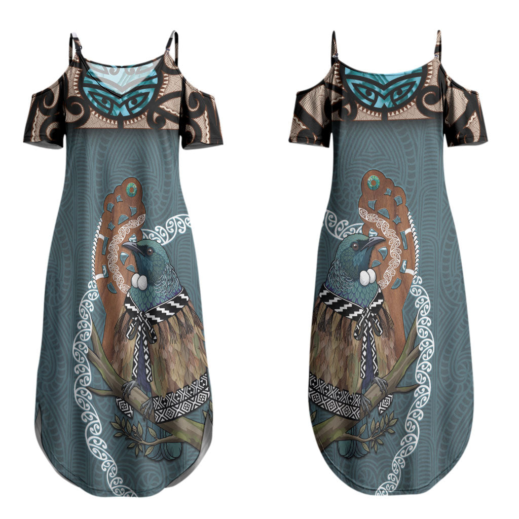 New Zealand Tui Bird Maripi Family Matching Summer Maxi Dress and Hawaiian Shirt Maori Weapon Kowhaiwhai Pattern LT22 Mom's Dress Slate Blue - Polynesian Pride