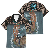 New Zealand Tui Bird Maripi Family Matching Summer Maxi Dress and Hawaiian Shirt Maori Weapon Kowhaiwhai Pattern LT22 Dad's Shirt - Short Sleeve Slate Blue - Polynesian Pride