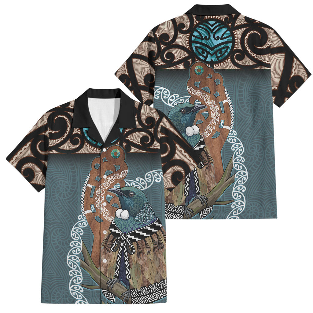 New Zealand Tui Bird Maripi Family Matching Tank Maxi Dress and Hawaiian Shirt Maori Weapon Kowhaiwhai Pattern LT22 Dad's Shirt - Short Sleeve Slate Blue - Polynesian Pride