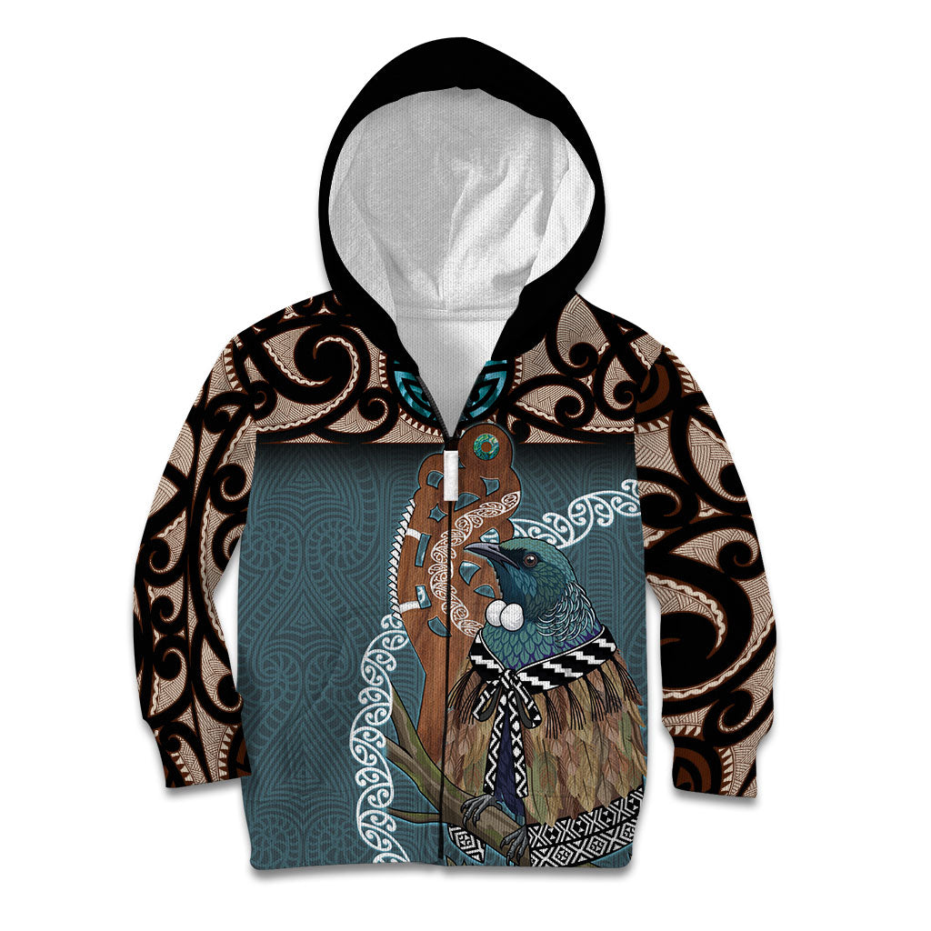 New Zealand Tui Bird Maripi Kid Hoodie Maori Weapon Kowhaiwhai Pattern LT22 Zip Hoodie Slate Blue - Polynesian Pride