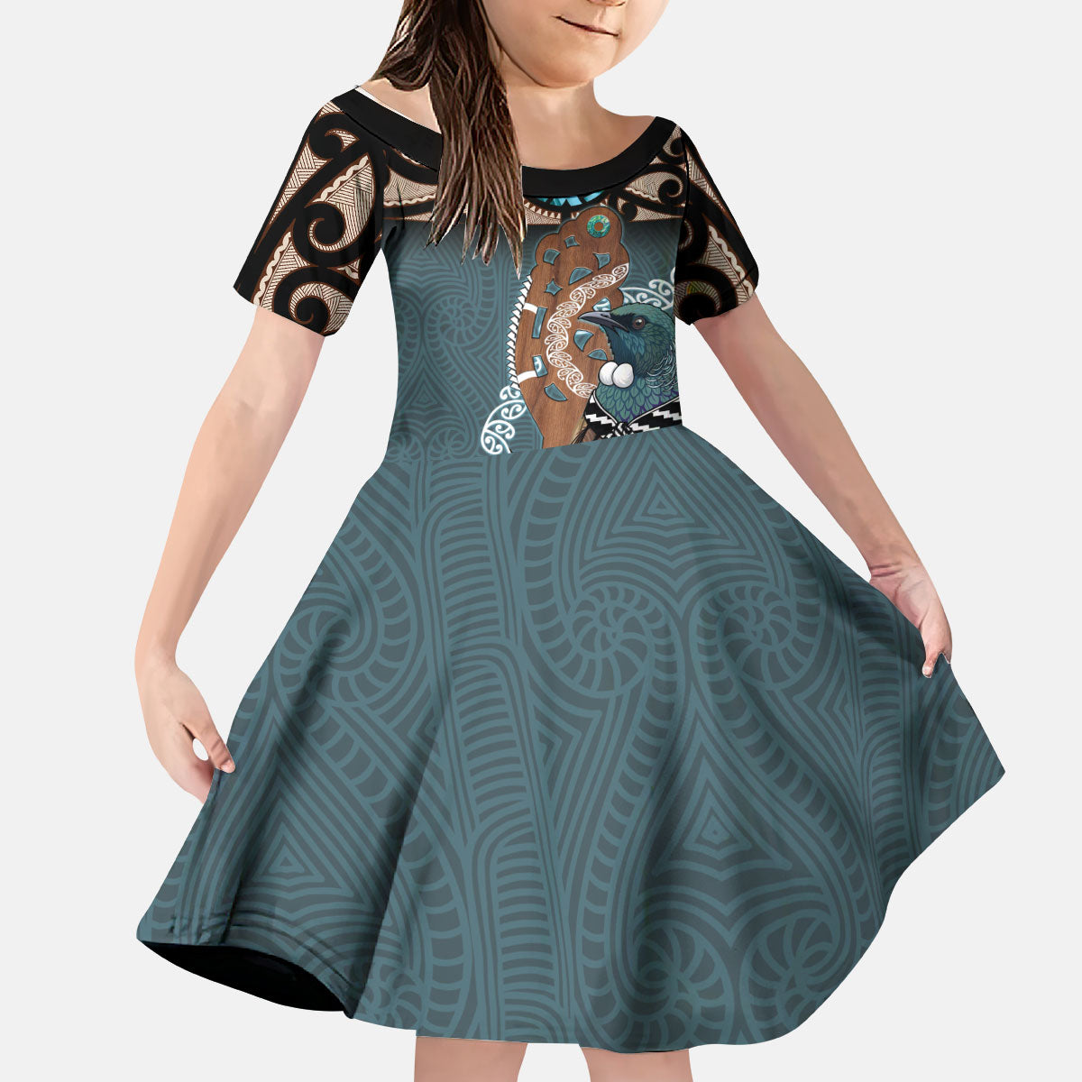 New Zealand Tui Bird Maripi Kid Short Sleeve Dress Maori Weapon Kowhaiwhai Pattern LT22 KID Slate Blue - Polynesian Pride