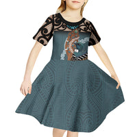 New Zealand Tui Bird Maripi Kid Short Sleeve Dress Maori Weapon Kowhaiwhai Pattern LT22 - Polynesian Pride