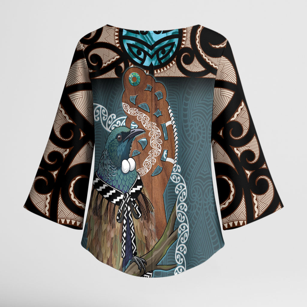 New Zealand Tui Bird Maripi Kimono Sleeve Blouse Maori Weapon Kowhaiwhai Pattern LT22 - Polynesian Pride