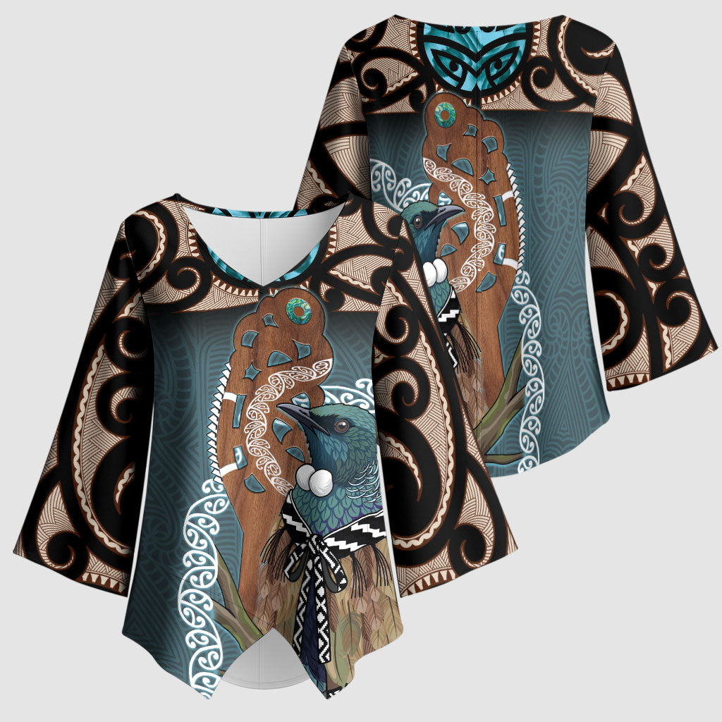 New Zealand Tui Bird Maripi Kimono Sleeve Blouse Maori Weapon Kowhaiwhai Pattern LT22 - Polynesian Pride