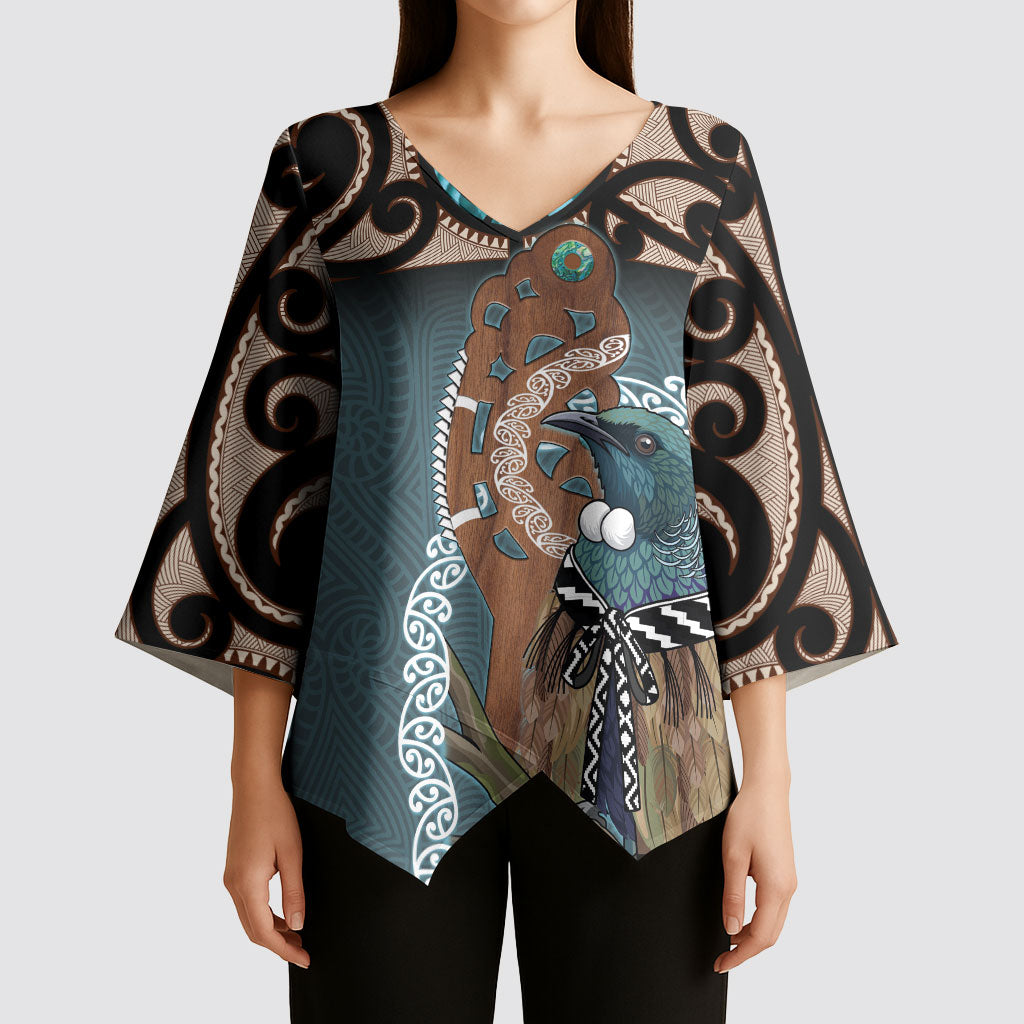 New Zealand Tui Bird Maripi Kimono Sleeve Blouse Maori Weapon Kowhaiwhai Pattern LT22 - Polynesian Pride