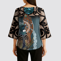 New Zealand Tui Bird Maripi Kimono Sleeve Blouse Maori Weapon Kowhaiwhai Pattern LT22 - Polynesian Pride