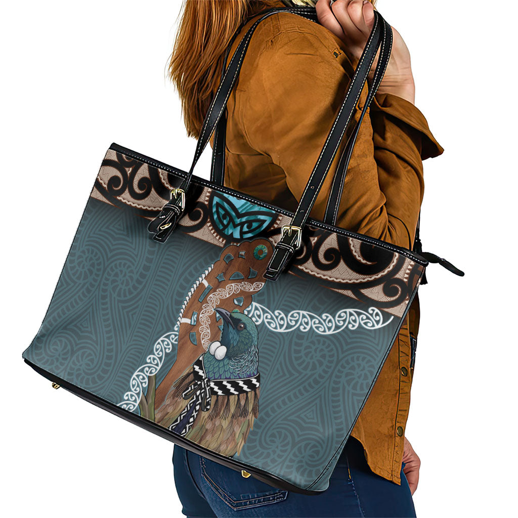 New Zealand Tui Bird Maripi Leather Tote Bag Maori Weapon Kowhaiwhai Pattern LT22 - Polynesian Pride