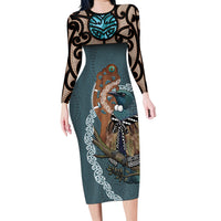 New Zealand Tui Bird Maripi Long Sleeve Bodycon Dress Maori Weapon Kowhaiwhai Pattern LT22 Long Dress Slate Blue - Polynesian Pride
