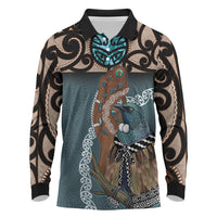 New Zealand Tui Bird Maripi Long Sleeve Polo Shirt Maori Weapon Kowhaiwhai Pattern LT22 Slate Blue - Polynesian Pride