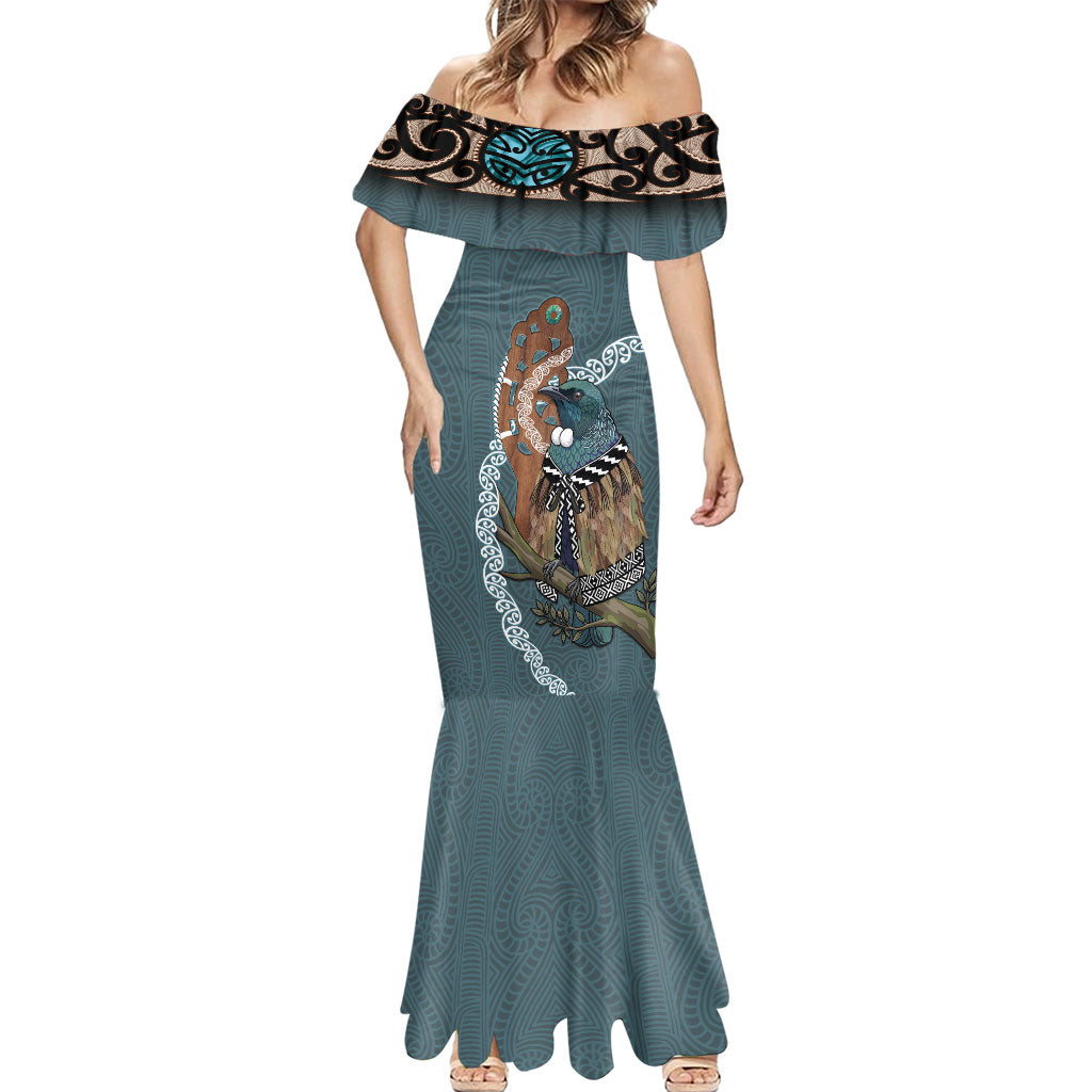 New Zealand Tui Bird Maripi Mermaid Dress Maori Weapon Kowhaiwhai Pattern LT22 - Polynesian Pride