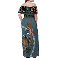New Zealand Tui Bird Maripi Off Shoulder Maxi Dress Maori Weapon Kowhaiwhai Pattern LT22 - Polynesian Pride