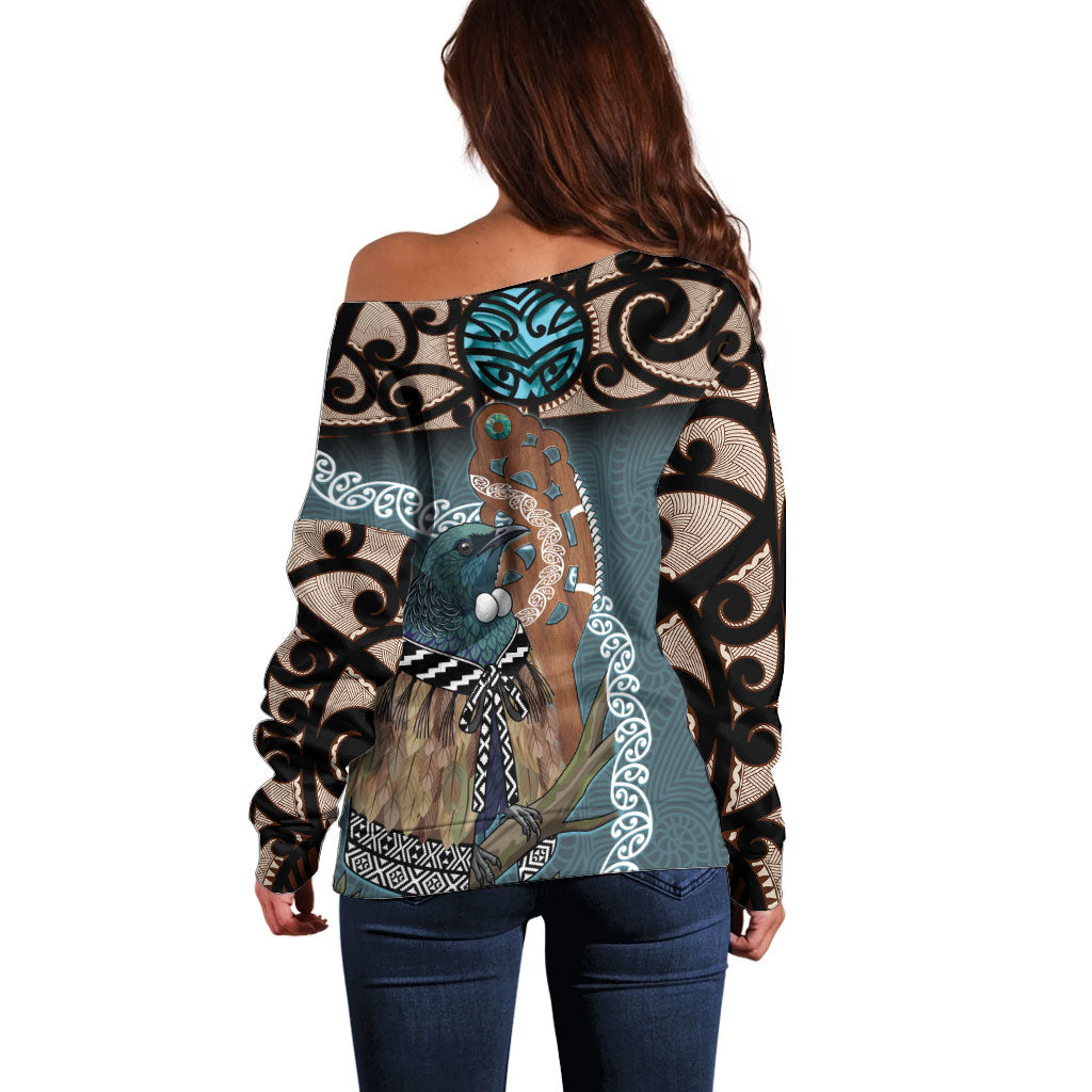 New Zealand Tui Bird Maripi Off Shoulder Sweater Maori Weapon Kowhaiwhai Pattern LT22 - Polynesian Pride