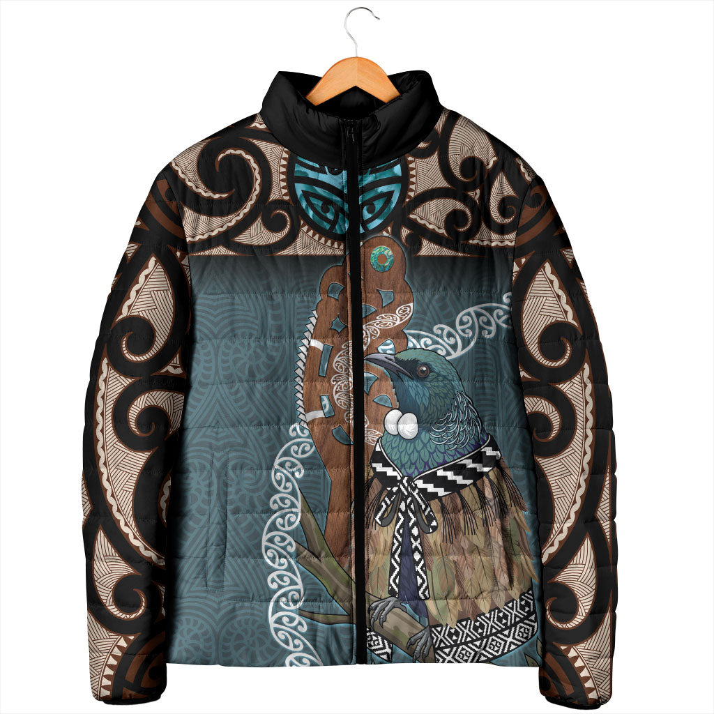 New Zealand Tui Bird Maripi Padded Jacket Maori Weapon Kowhaiwhai Pattern LT22 - Polynesian Pride